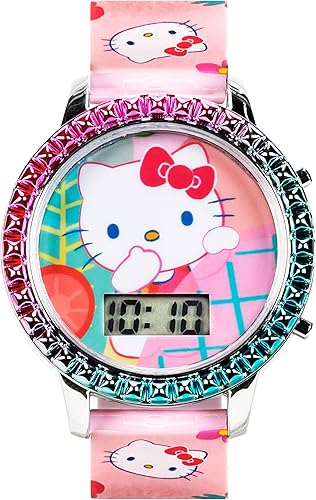 Hello Kitty Girls' Digital LCD Quartz Watch with Pink Strap and Colorful Bezel - Fun LED Light Show - Easy to Read Time for Kids